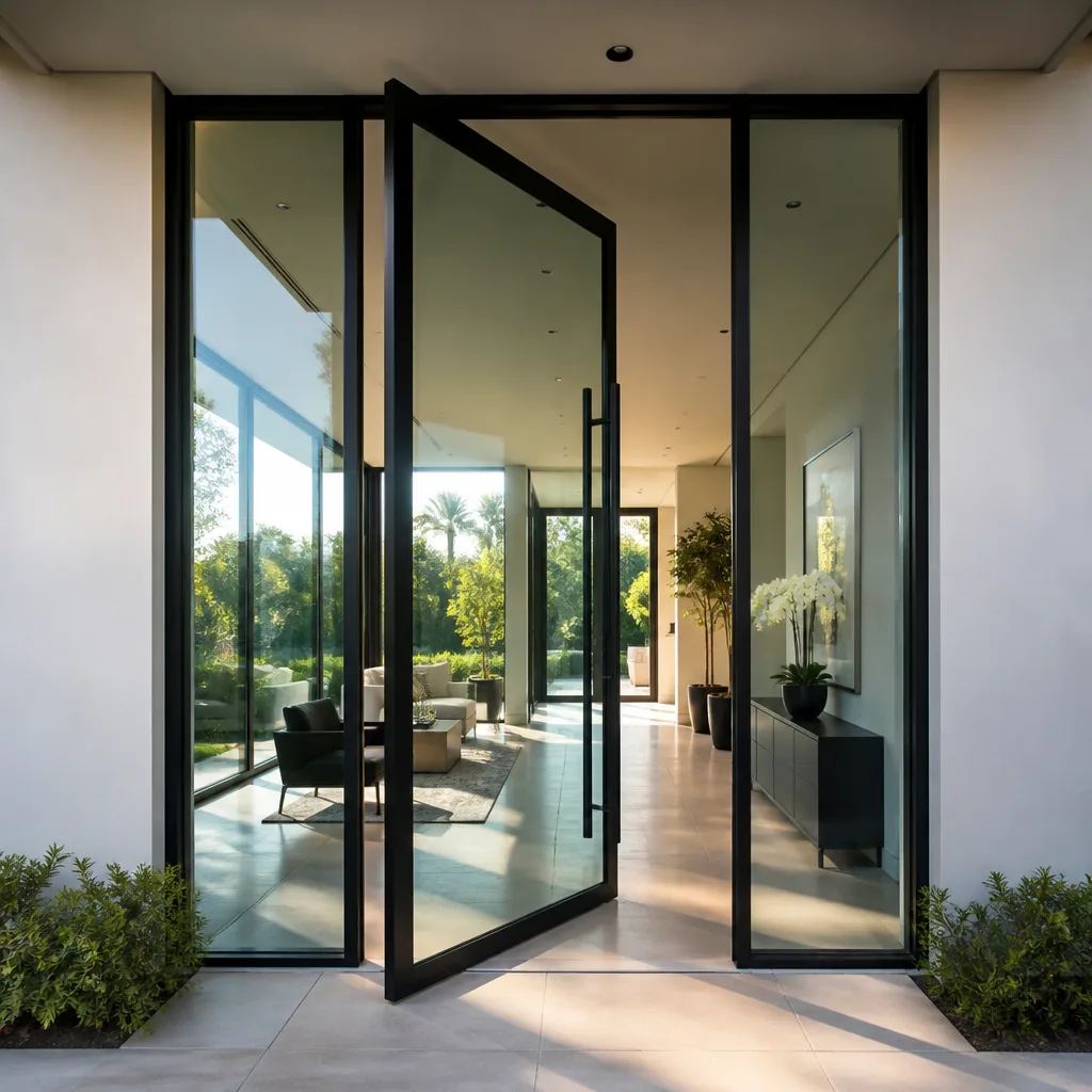 Modern black-framed pivot glass front door entry for luxury residential design