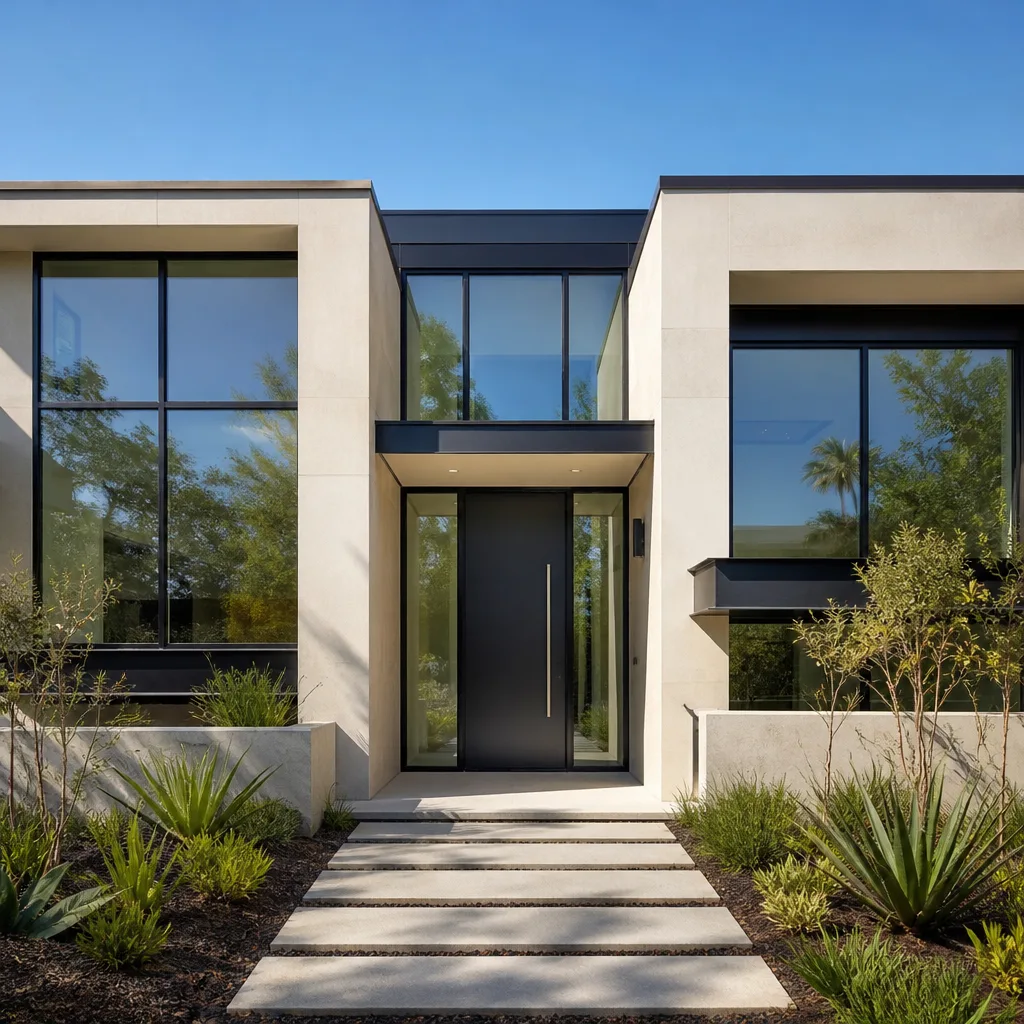 Modern front door replacement on a contemporary home with large glass windows.