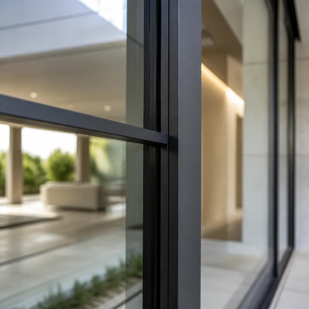 Close-up of modern black framed sliding glass door system.