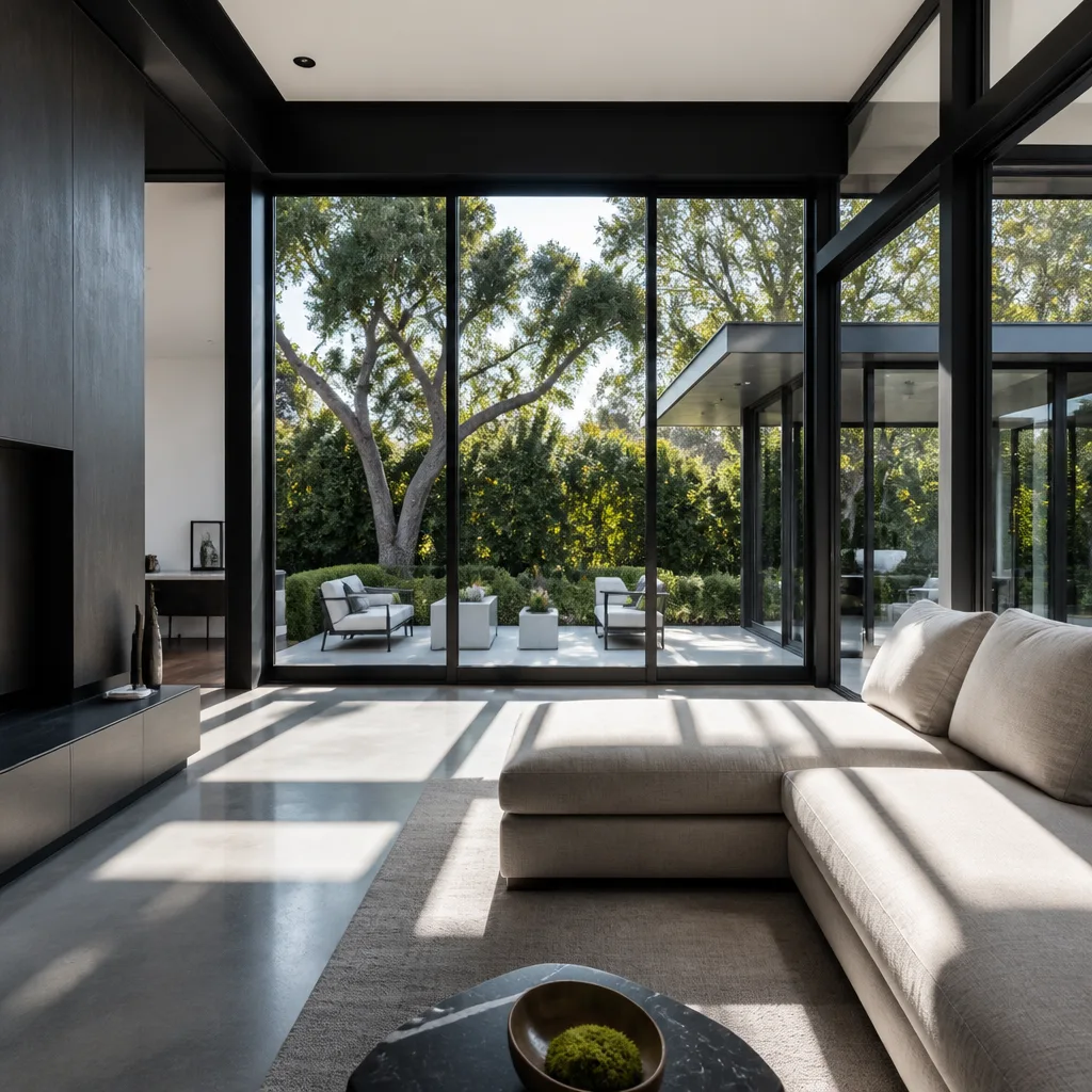 Technician performing professional window repair in a modern luxury home living room
