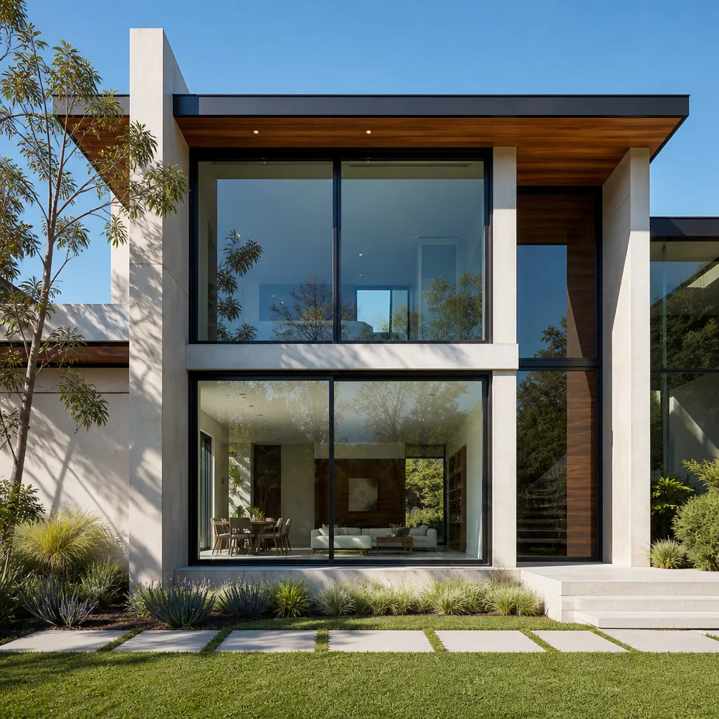 Modern home featuring custom floor-to-ceiling glass windows and large sliding doors.
