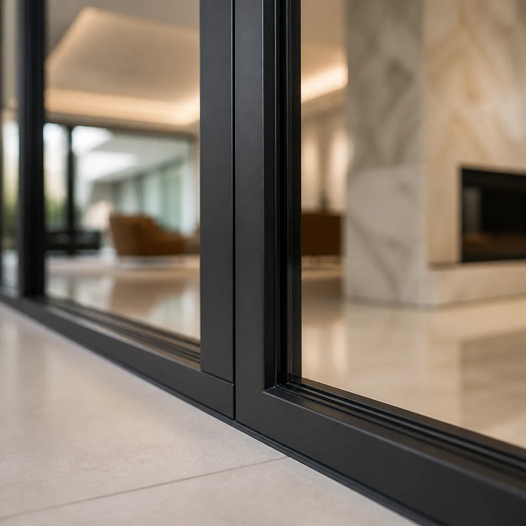 Modern black aluminum sliding door frame in a luxury home interior