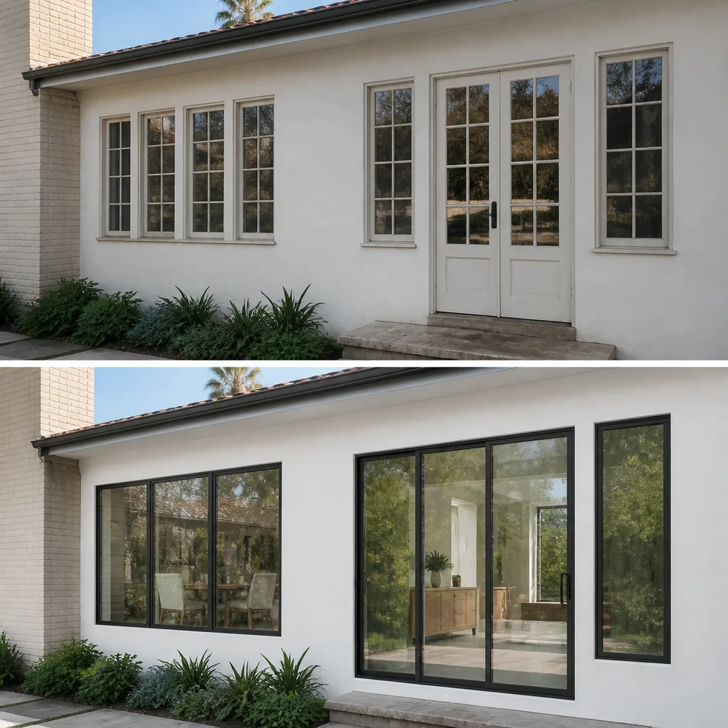 Home exterior showing a before and after window and door replacement.