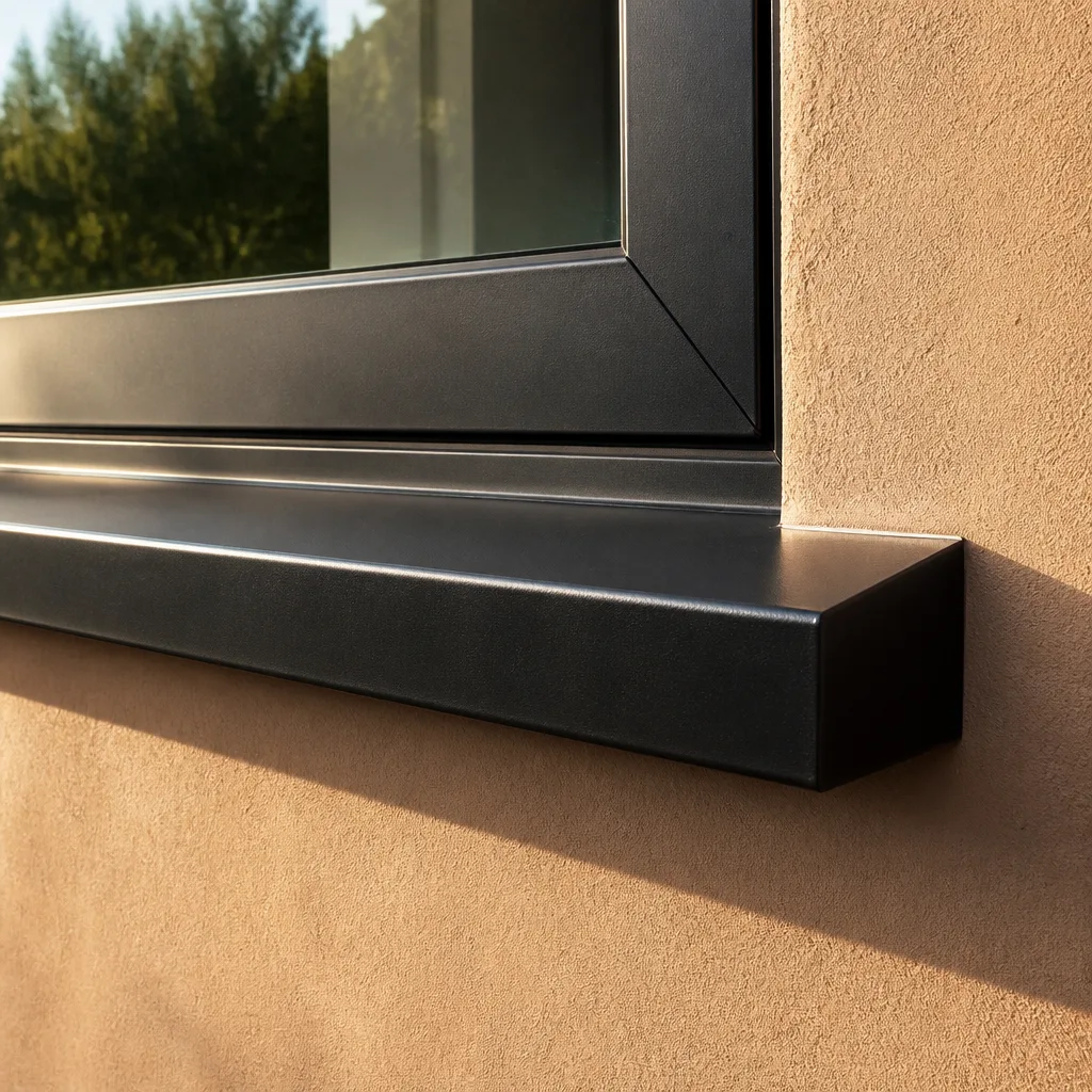 Modern black window frame installation with sleek metal sill on stucco wall