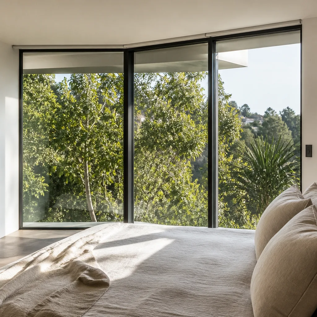 Modern floor-to-ceiling panoramic bedroom windows overlooking a lush forest view.